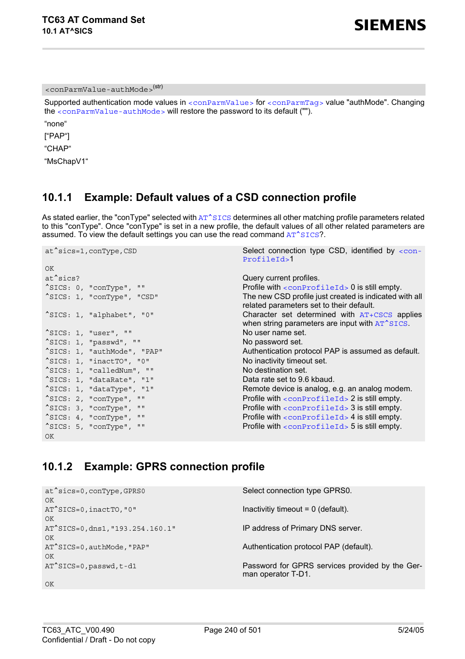 2 example: gprs connection profile, Conparmvalue-authmode, Is "m | Conparmvalue-auth, Mode, Tc63 at command set | Siemens TC63 User Manual | Page 240 / 501