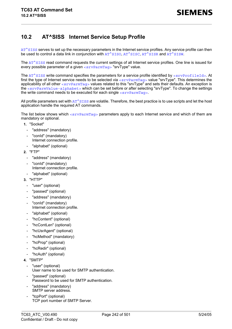 2 at^siss internet service setup profile, At^siss, With | Comma, Tc63 at command set | Siemens TC63 User Manual | Page 242 / 501