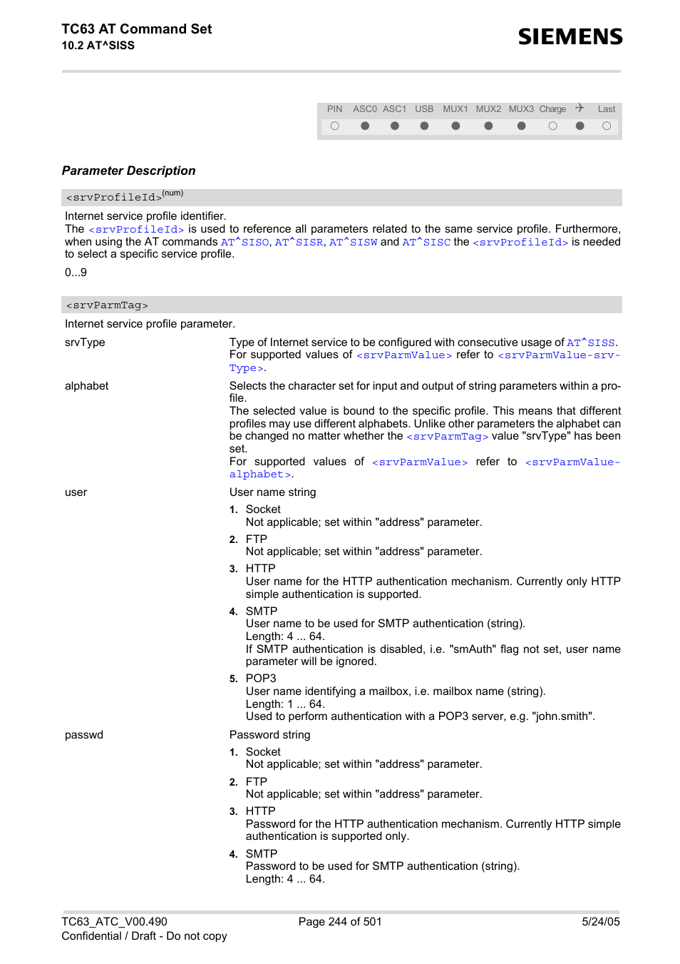 Srvprofileid, Srvparmtag, Parmtag | Siss, Tc63 at command set | Siemens TC63 User Manual | Page 244 / 501