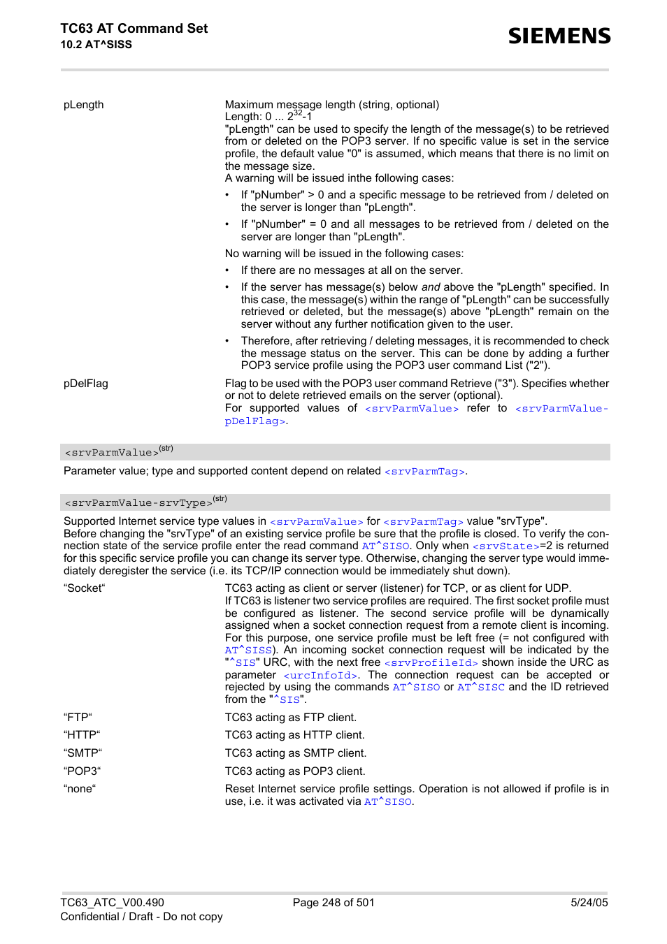 Srvparmvalue, R to, Srvparmvalue-srv | Type, Tc63 at command set | Siemens TC63 User Manual | Page 248 / 501