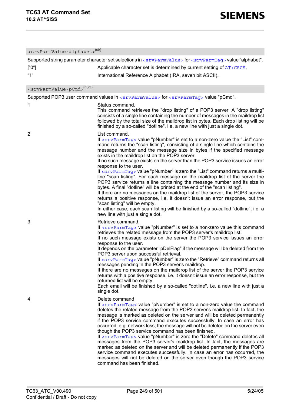 Srvparmvalue-alphabet, Srvparmvalue, Alphabet | Srvparmvalue-pcmd, Tc63 at command set | Siemens TC63 User Manual | Page 249 / 501