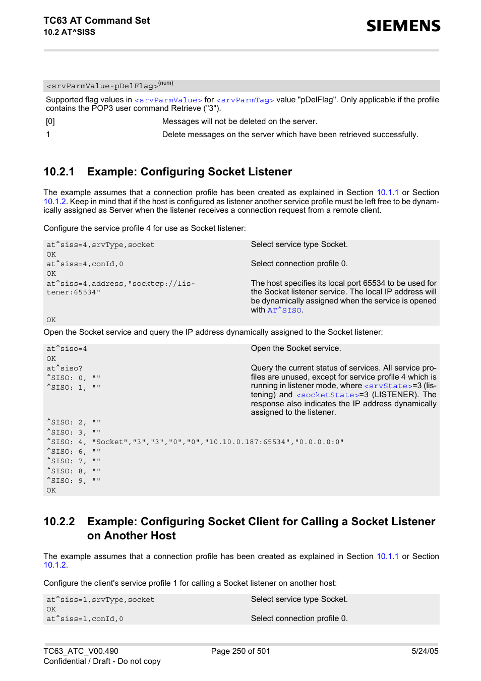 1 example: configuring socket listener, Srvparmvalue, Pdelflag | Tc63 at command set | Siemens TC63 User Manual | Page 250 / 501