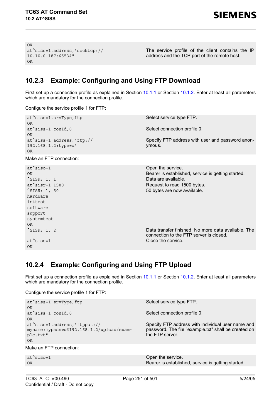 3 example: configuring and using ftp download, 4 example: configuring and using ftp upload, Tc63 at command set | Siemens TC63 User Manual | Page 251 / 501