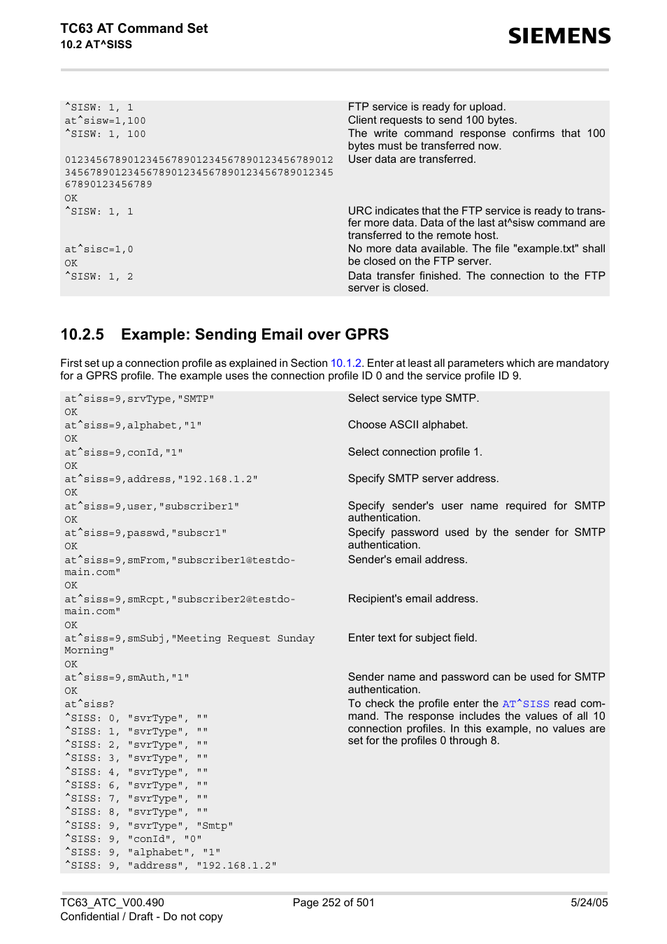 5 example: sending email over gprs, Tc63 at command set | Siemens TC63 User Manual | Page 252 / 501