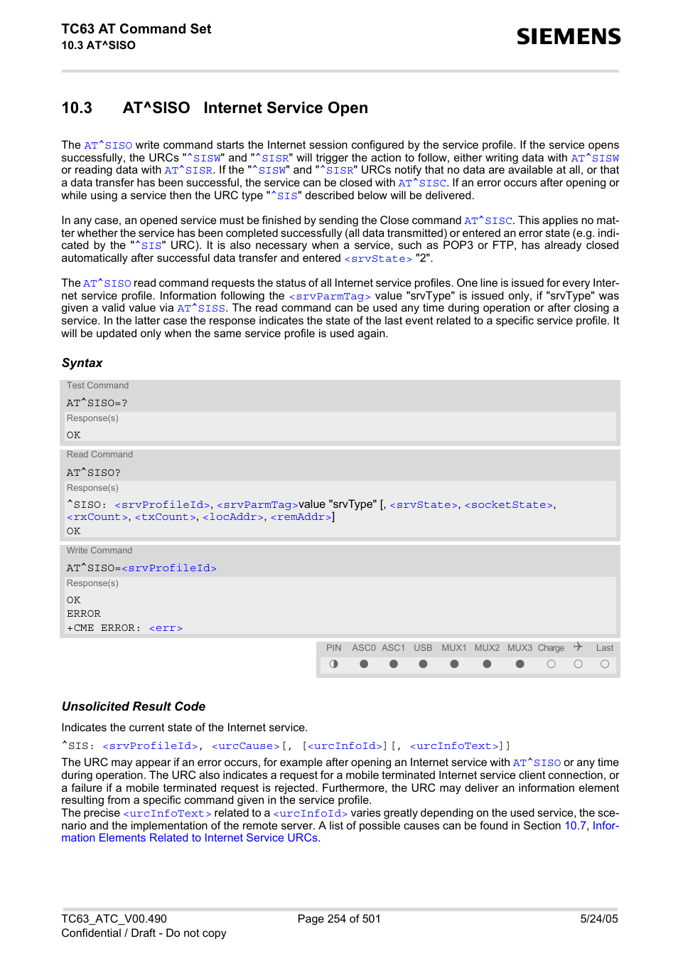 3 at^siso internet service open, At^siso, With | Tivated via, Tc63 at command set | Siemens TC63 User Manual | Page 254 / 501