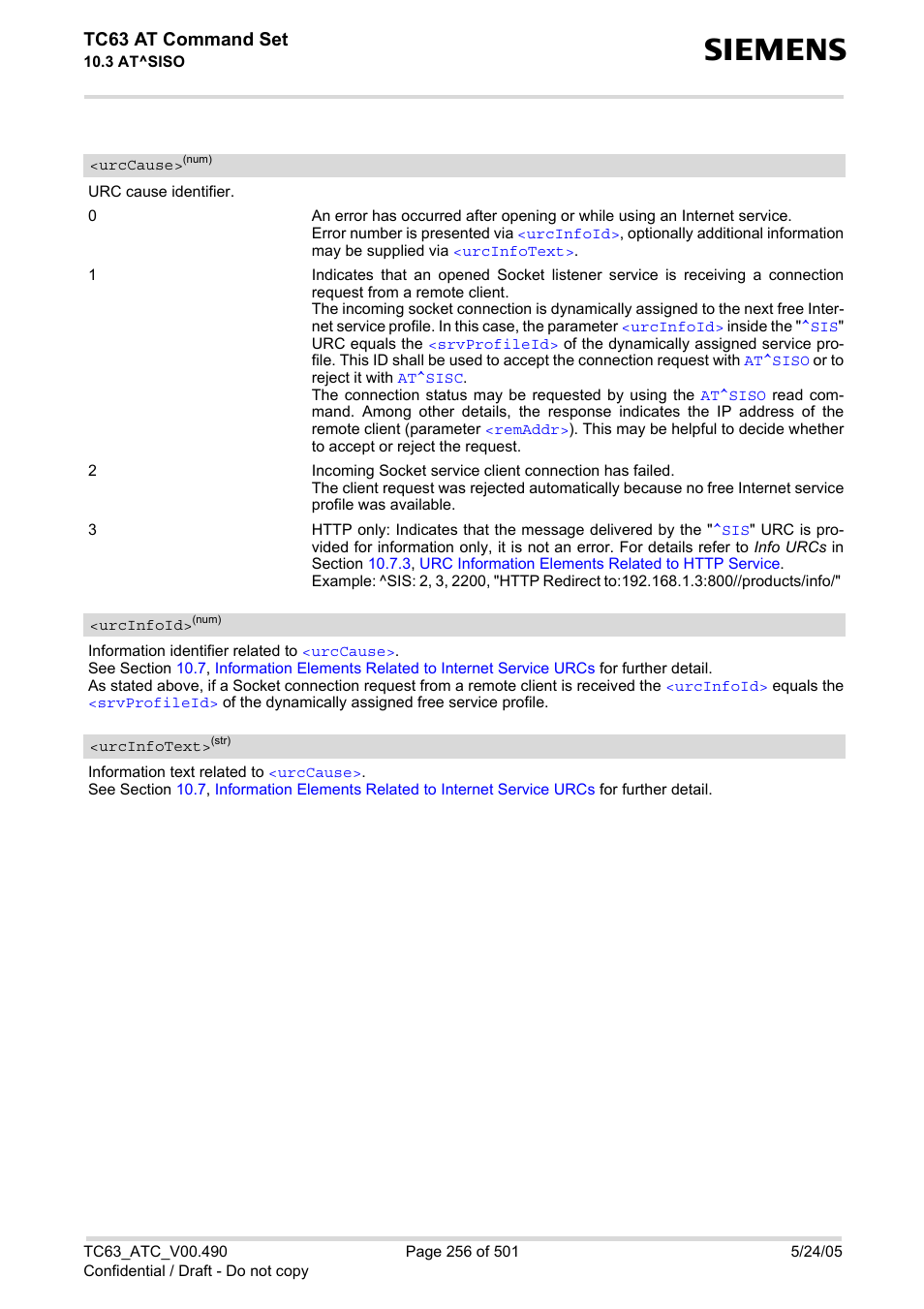 Urcinfoid, Urccause, Urcinfotext | Lated to a, Tc63 at command set | Siemens TC63 User Manual | Page 256 / 501