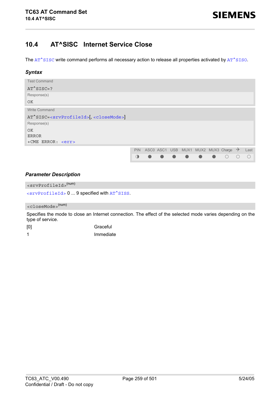 4 at^sisc internet service close, At^sisc, With | This applies, G the, Tc63 at command set | Siemens TC63 User Manual | Page 259 / 501
