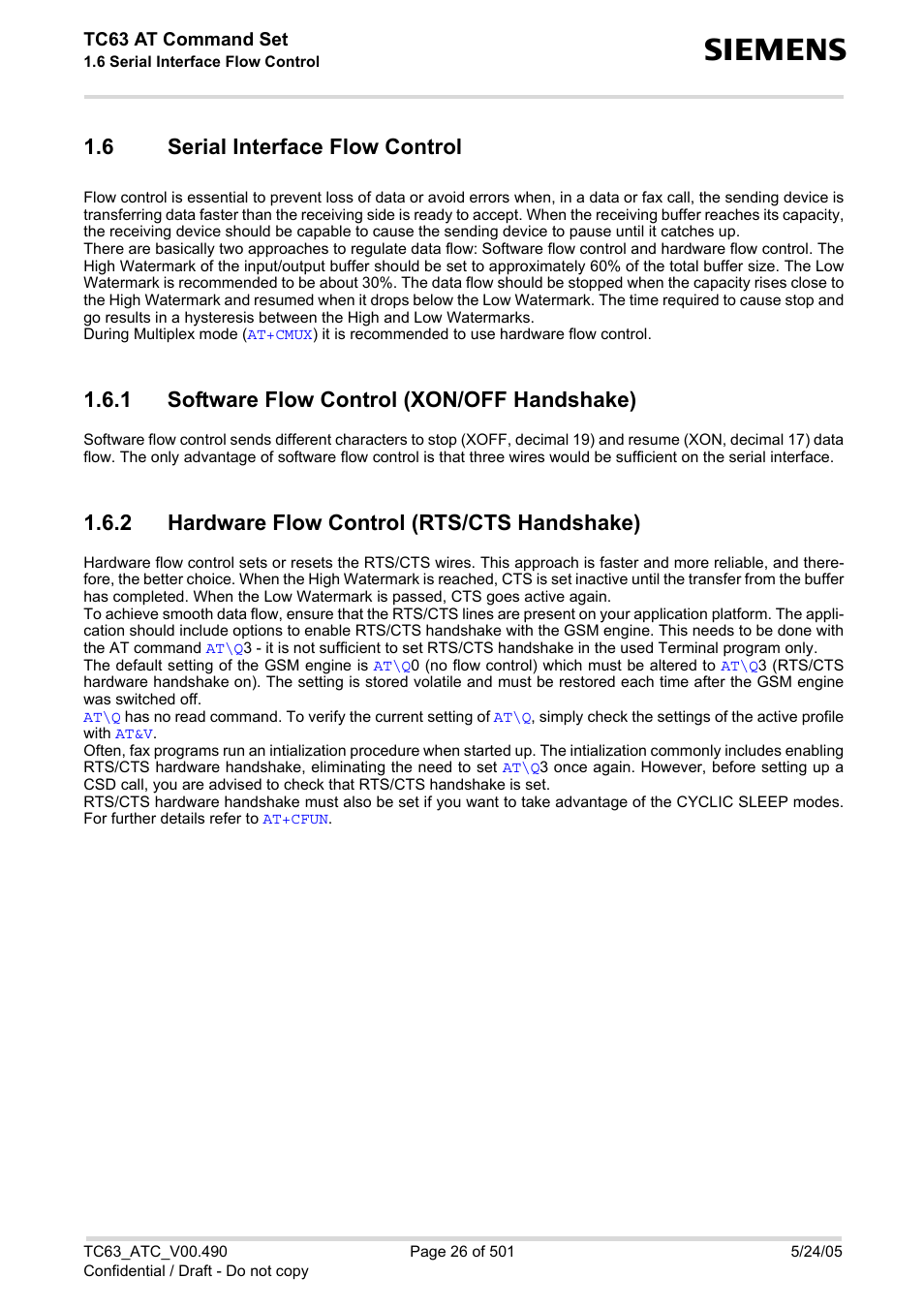 6 serial interface flow control, 1 software flow control (xon/off handshake), 2 hardware flow control (rts/cts handshake) | Serial interface flow control, Software flow control (xon/off handshake), Hardware flow control (rts/cts handshake) | Siemens TC63 User Manual | Page 26 / 501