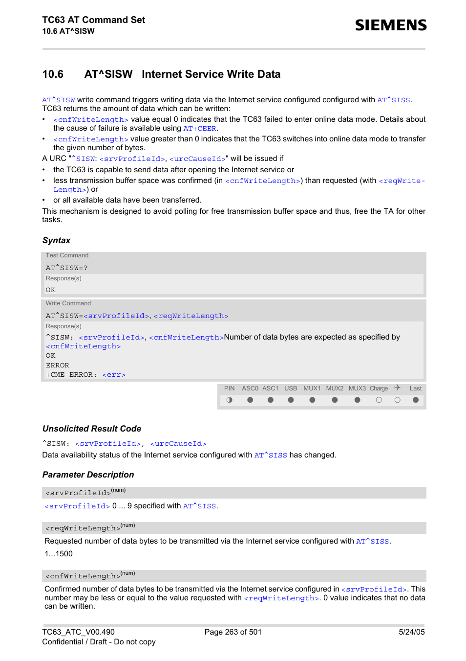 6 at^sisw internet service write data, At^sisw, Sisw | X, 1", then the, X, 2, Ontlen" > 0 then the, Command will be us, Iting data with, Packet with, X,2". the | Siemens TC63 User Manual | Page 263 / 501