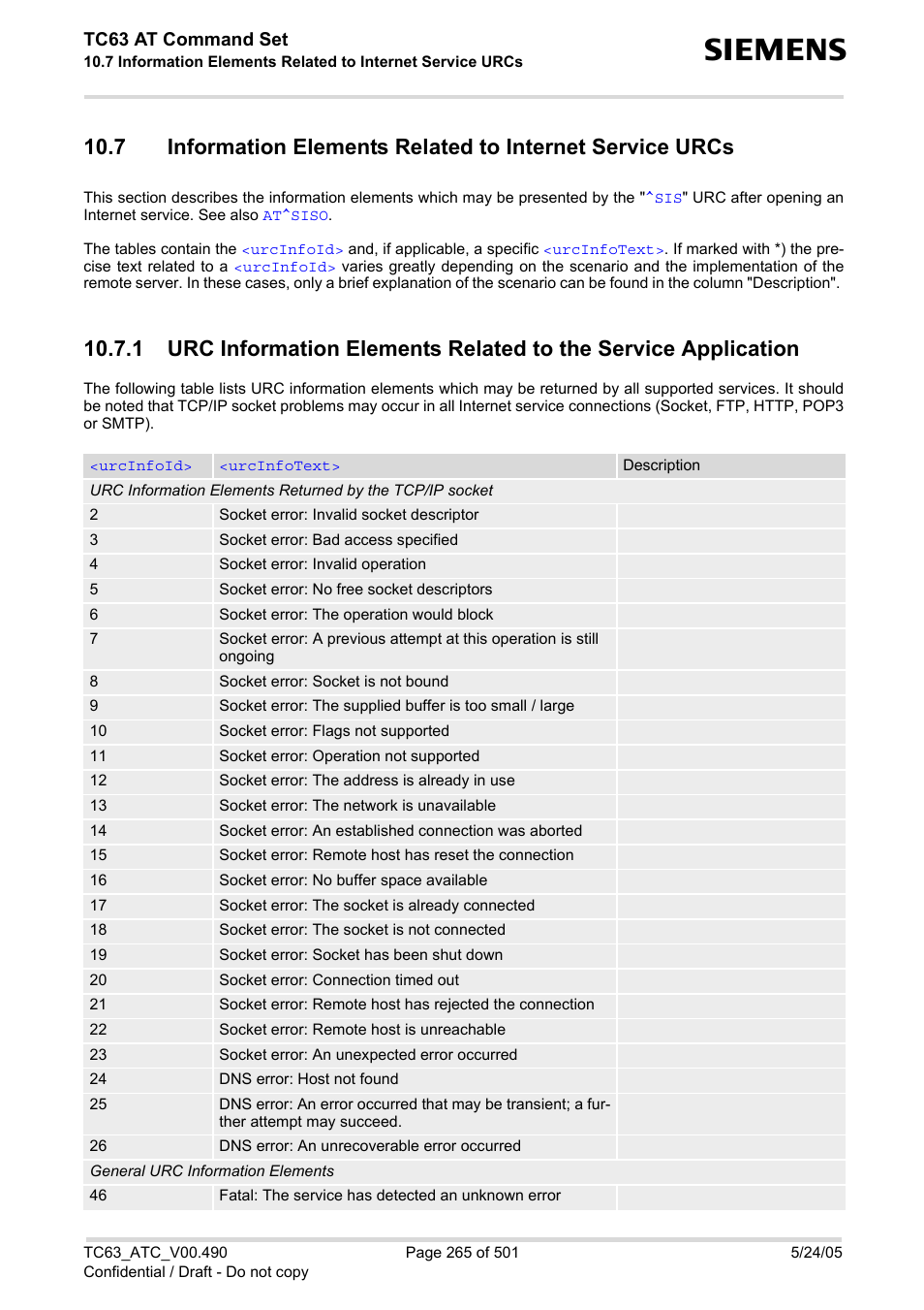 Infor, Mation elements related to internet service urcs, For furt | Tc63 at command set | Siemens TC63 User Manual | Page 265 / 501