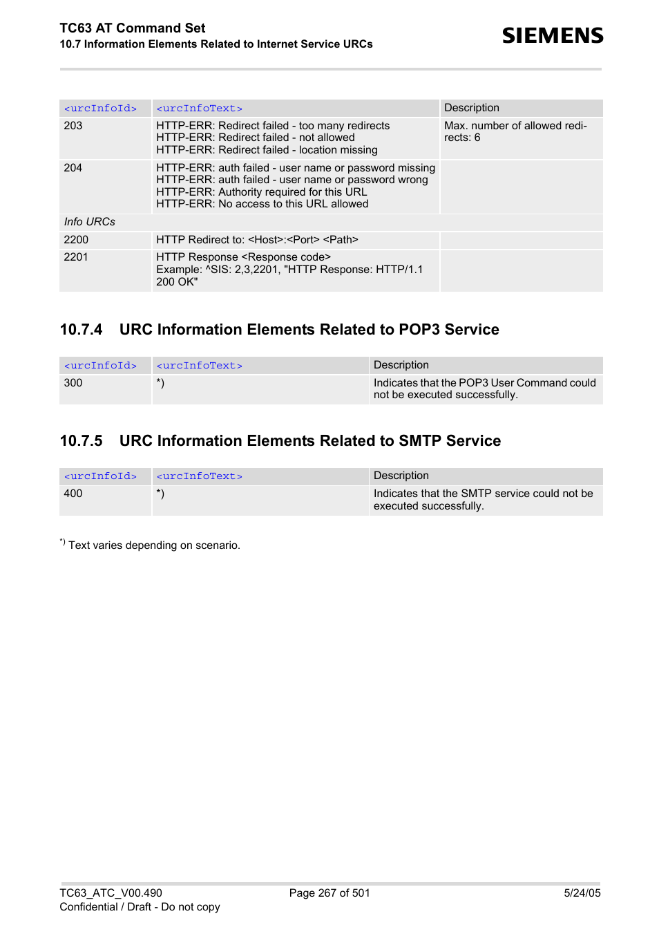 4 urc information elements related to pop3 service, 5 urc information elements related to smtp service | Siemens TC63 User Manual | Page 267 / 501