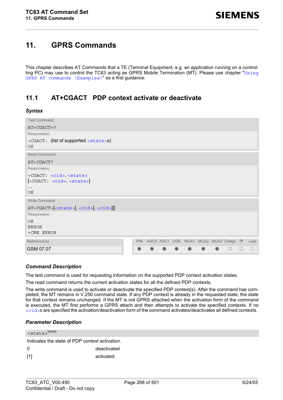 Gprs commands, 1 at+cgact pdp context activate or deactivate, Tc63 at command set | Siemens TC63 User Manual | Page 268 / 501