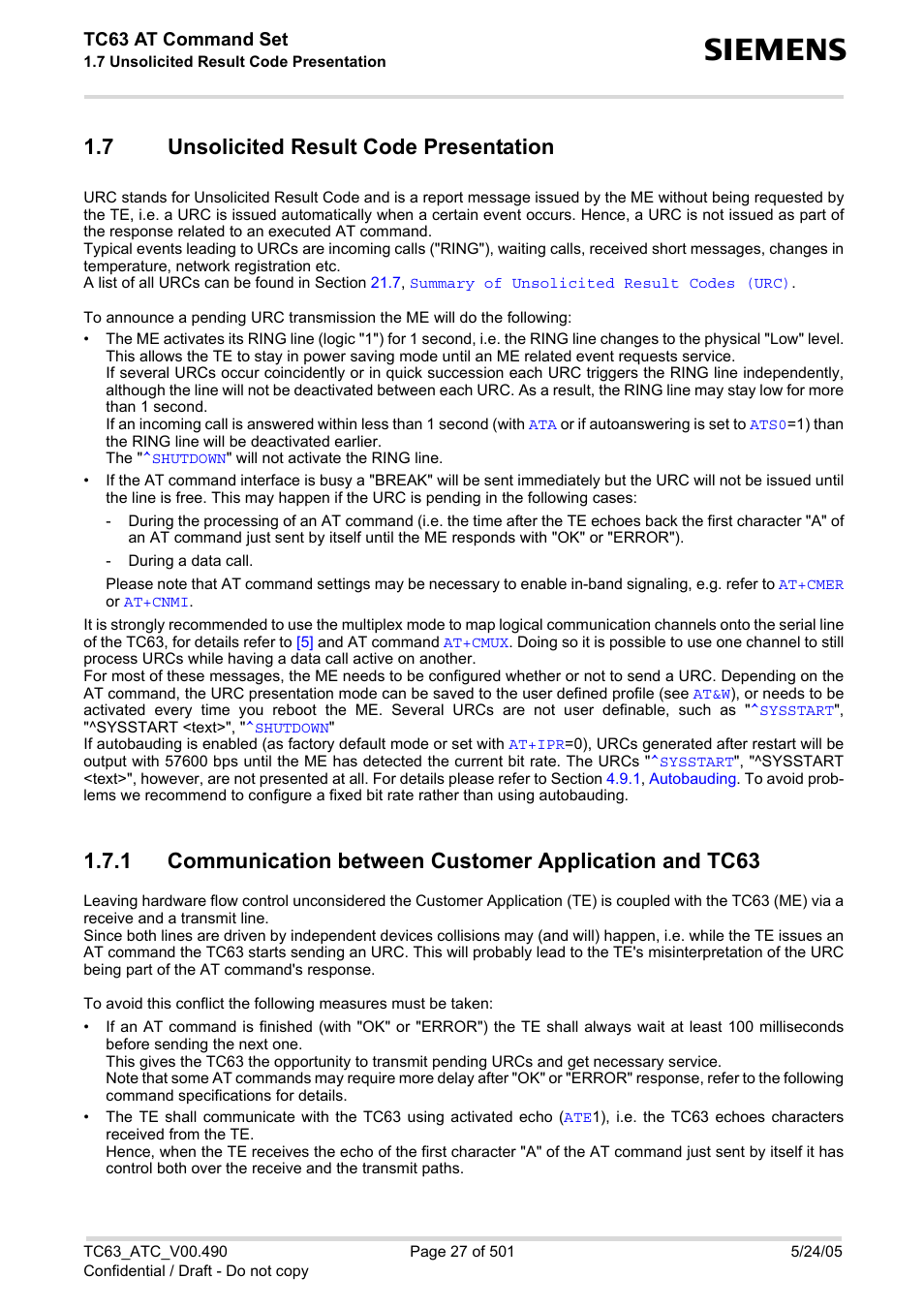 7 unsolicited result code presentation, Unsolicited result code presentation | Siemens TC63 User Manual | Page 27 / 501