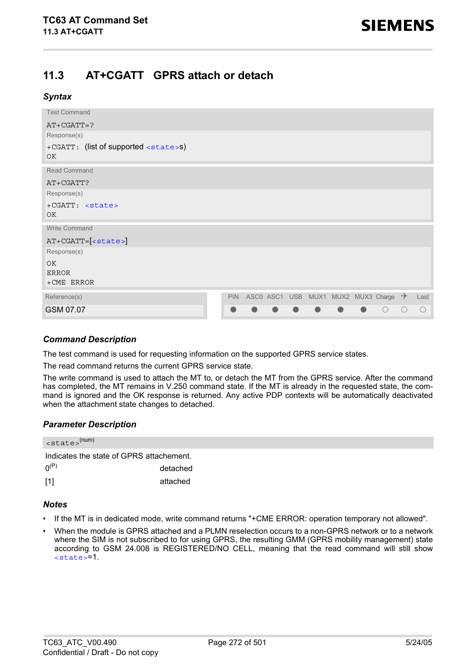 3 at+cgatt gprs attach or detach, At+cgatt, Tc63 at command set | Siemens TC63 User Manual | Page 272 / 501