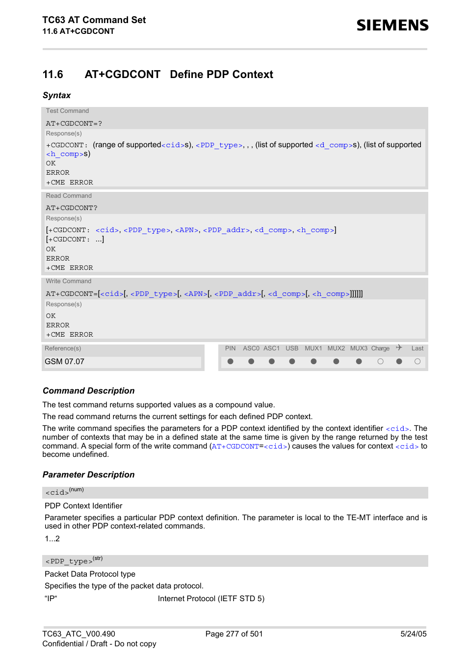 6 at+cgdcont define pdp context, At+cgdcont, Pdp_type | Tc63 at command set | Siemens TC63 User Manual | Page 277 / 501