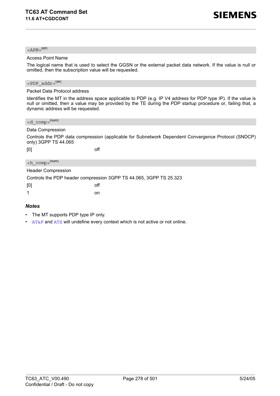 Pdp_addr, D_comp, S), (list of su | H_comp, Tc63 at command set | Siemens TC63 User Manual | Page 278 / 501