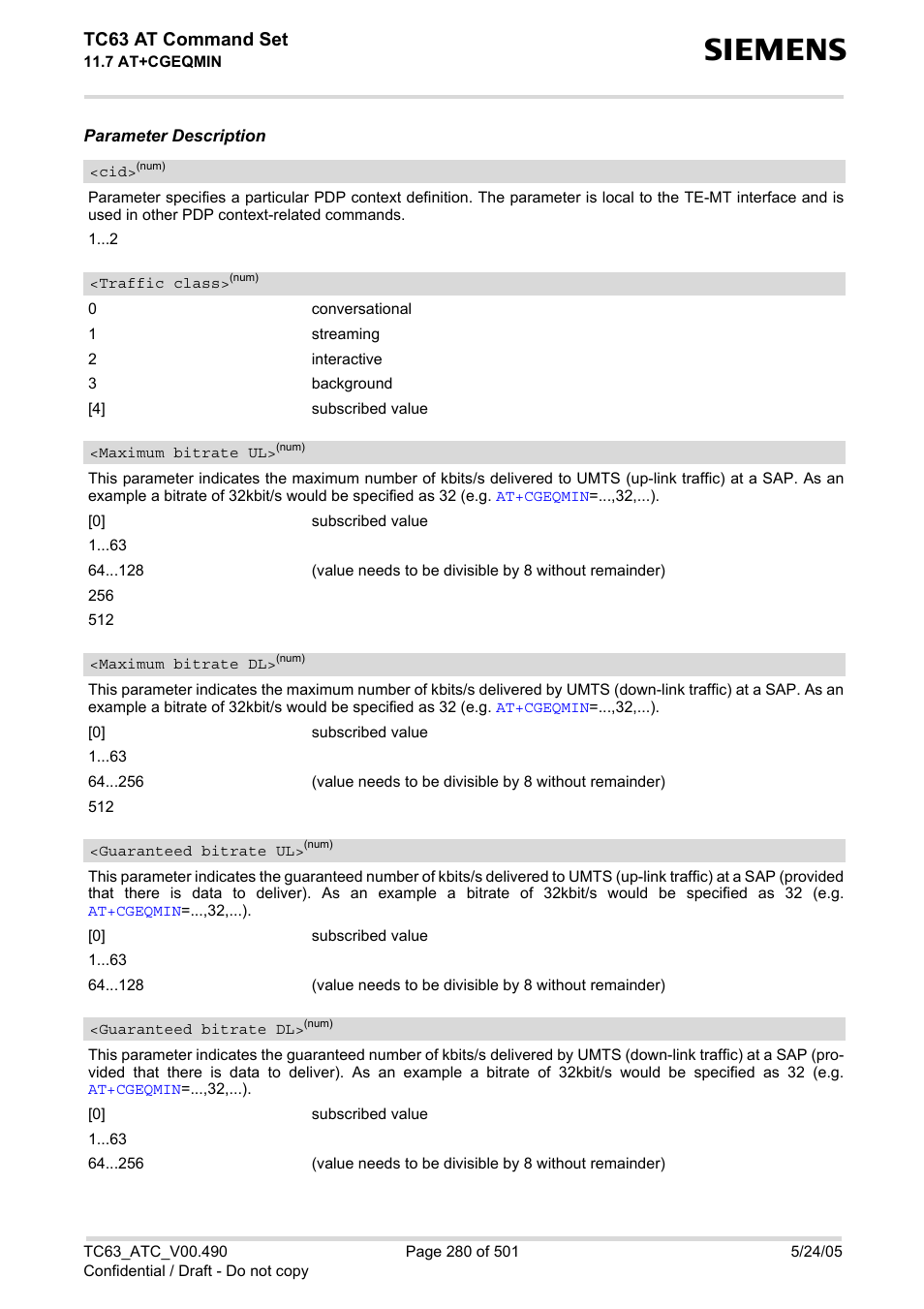 Which is, Traffic class, Maximum bitrate | Maximum bitrate dl, Guaranteed bitrate ul, Guaranteed bitrate dl, Maximum bitrate ul, Tc63 at command set | Siemens TC63 User Manual | Page 280 / 501