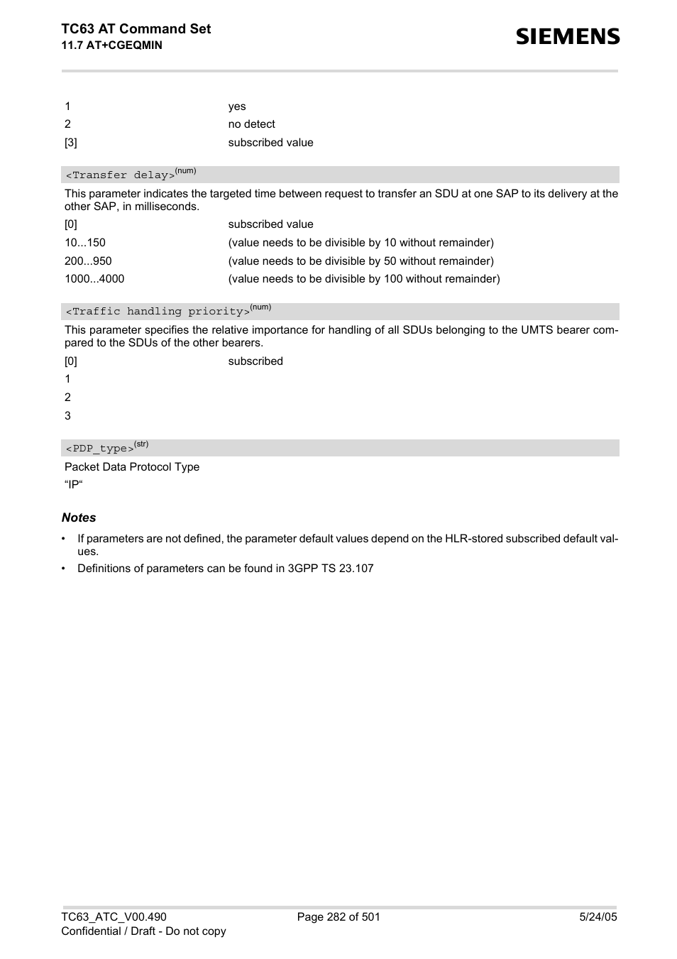 Cgeqmin, Pdp_type, Transfer delay | S), (list of, Traffic handling priority, Tc63 at command set | Siemens TC63 User Manual | Page 282 / 501