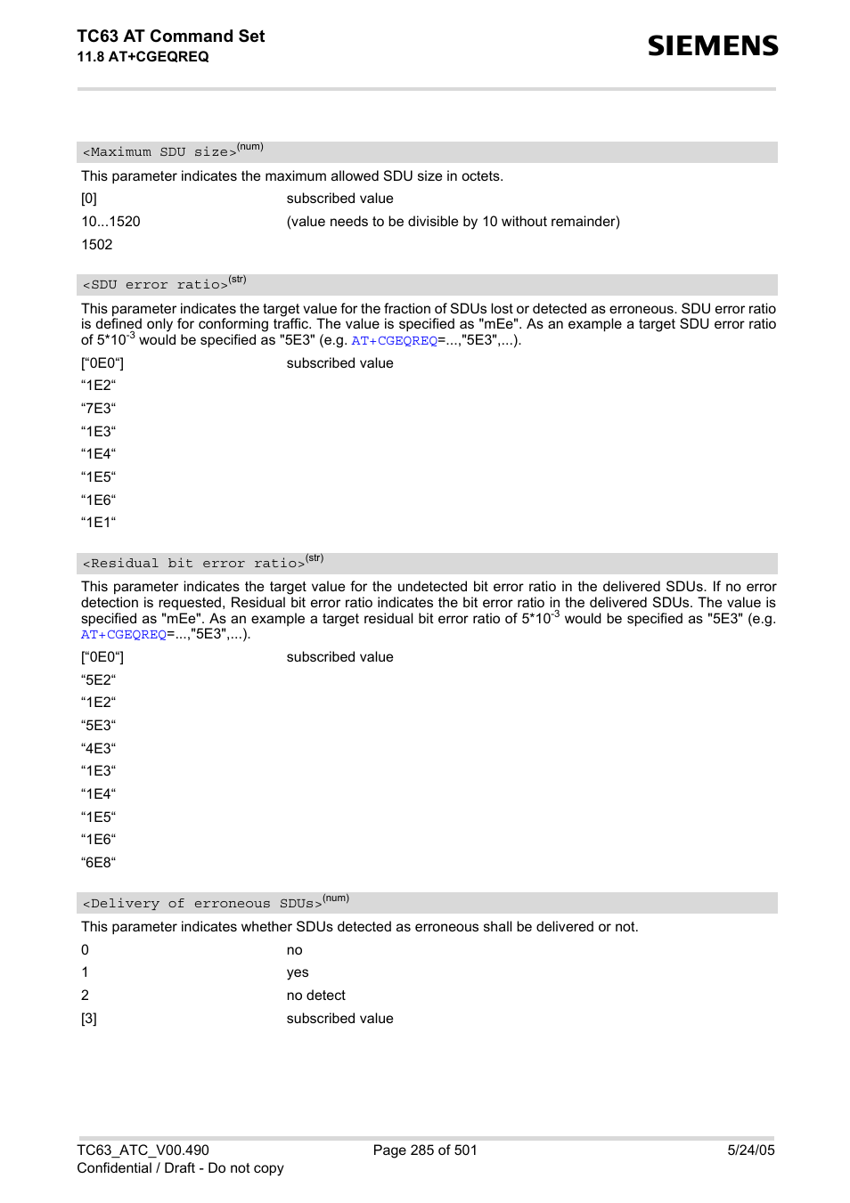 Maximum sdu size, Sdu error ratio, Residual bit error ratio | Delivery of erroneous sdus, Maximum sdu, Size, Delivery of erroneous, Sdus, Tc63 at command set | Siemens TC63 User Manual | Page 285 / 501