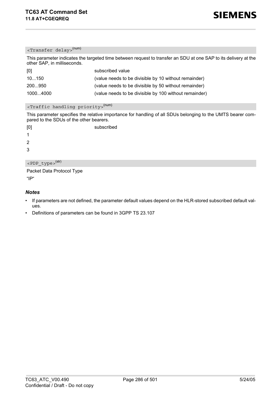 Cgeqreq, Pdp_type, Transfer delay | S), (list of, Traffic handling priority, Tc63 at command set | Siemens TC63 User Manual | Page 286 / 501