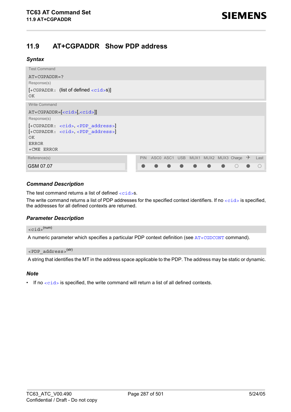 9 at+cgpaddr show pdp address, Tc63 at command set | Siemens TC63 User Manual | Page 287 / 501