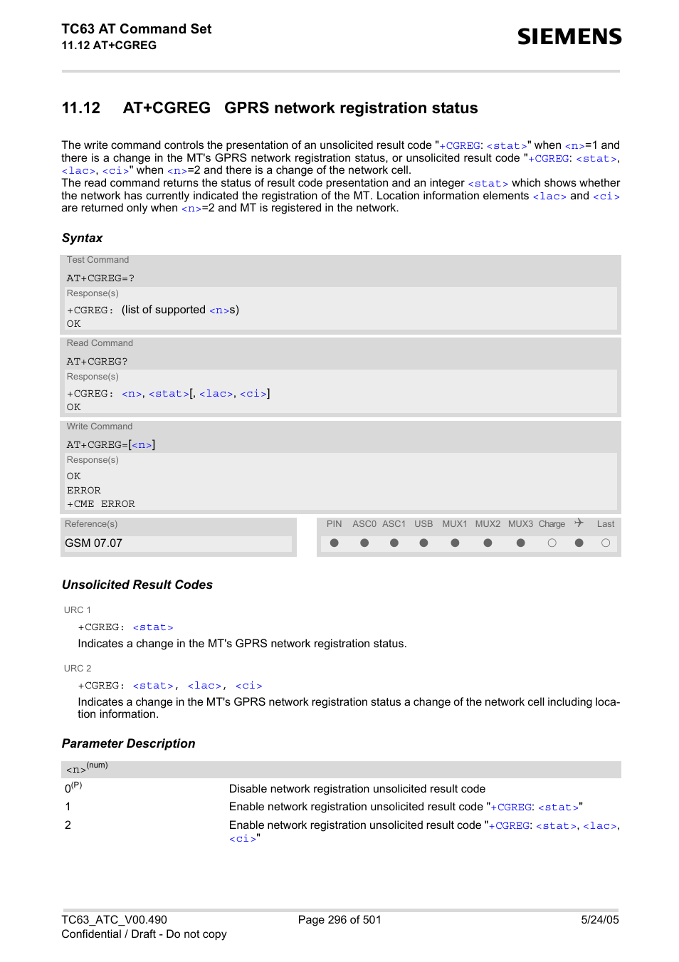 12 at+cgreg gprs network registration status, Tc63 at command set | Siemens TC63 User Manual | Page 296 / 501