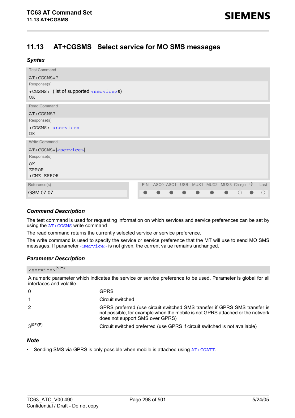 13 at+cgsms select service for mo sms messages, Tc63 at command set | Siemens TC63 User Manual | Page 298 / 501