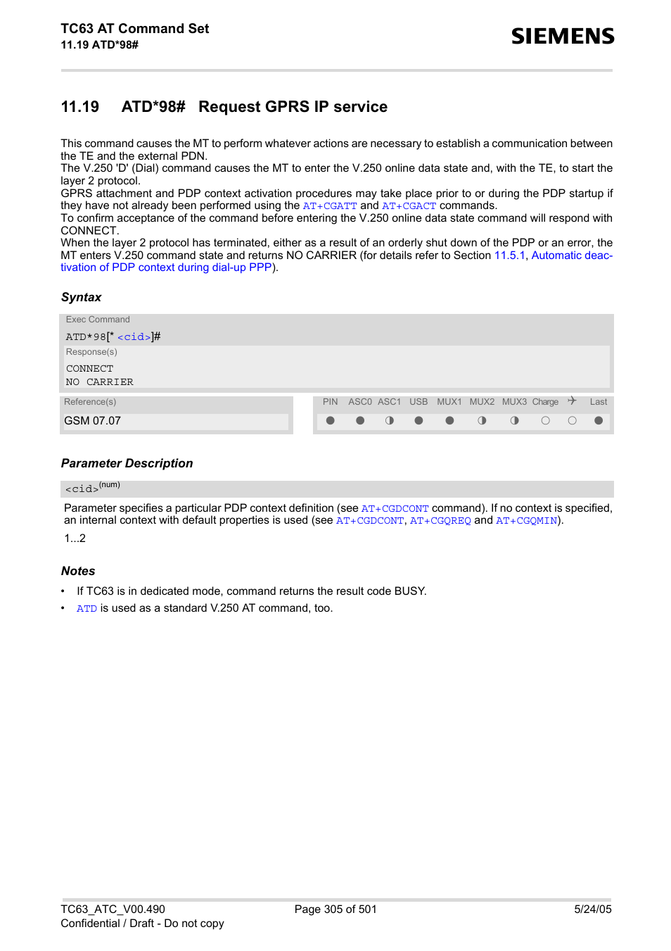 19 atd*98# request gprs ip service, Atd*98, The mt iss | Ility commands, Tc63 at command set | Siemens TC63 User Manual | Page 305 / 501