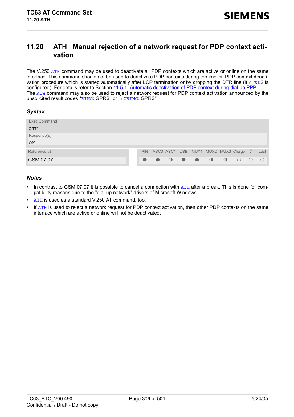 Aces (see also chapter, Commands, respec, Tc63 at command set | Siemens TC63 User Manual | Page 306 / 501