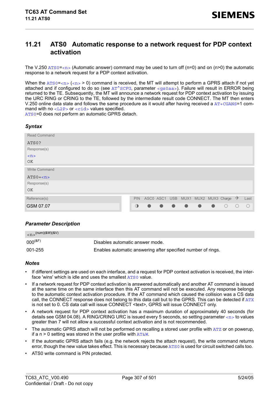 Ats0, 0) command is rec, Tc63 at command set | Siemens TC63 User Manual | Page 307 / 501