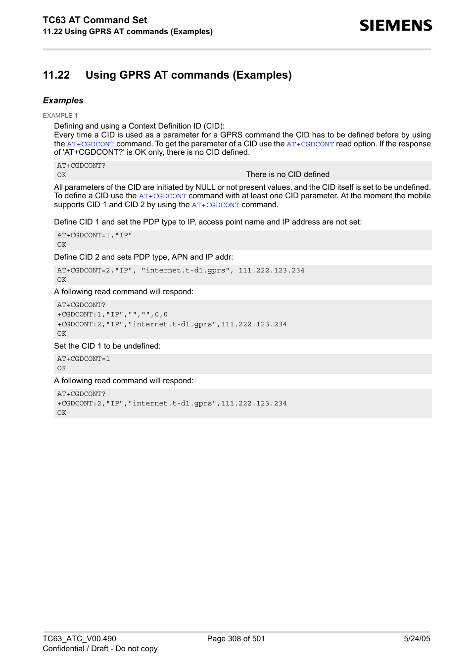 22 using gprs at commands (examples), Using, Gprs at commands (examples) | Using gprs at commands (examples), Tc63 at command set | Siemens TC63 User Manual | Page 308 / 501