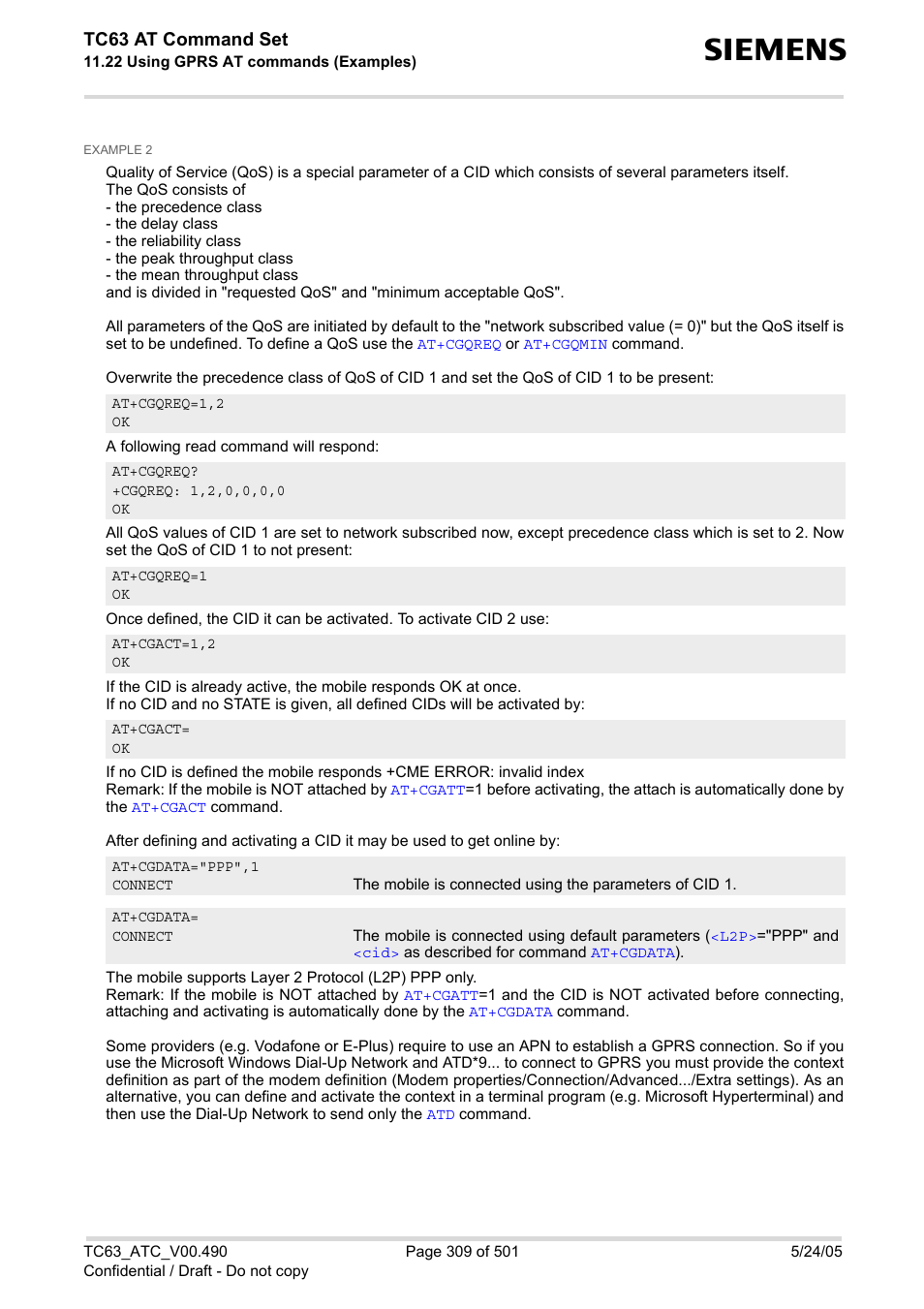 Tc63 at command set | Siemens TC63 User Manual | Page 309 / 501