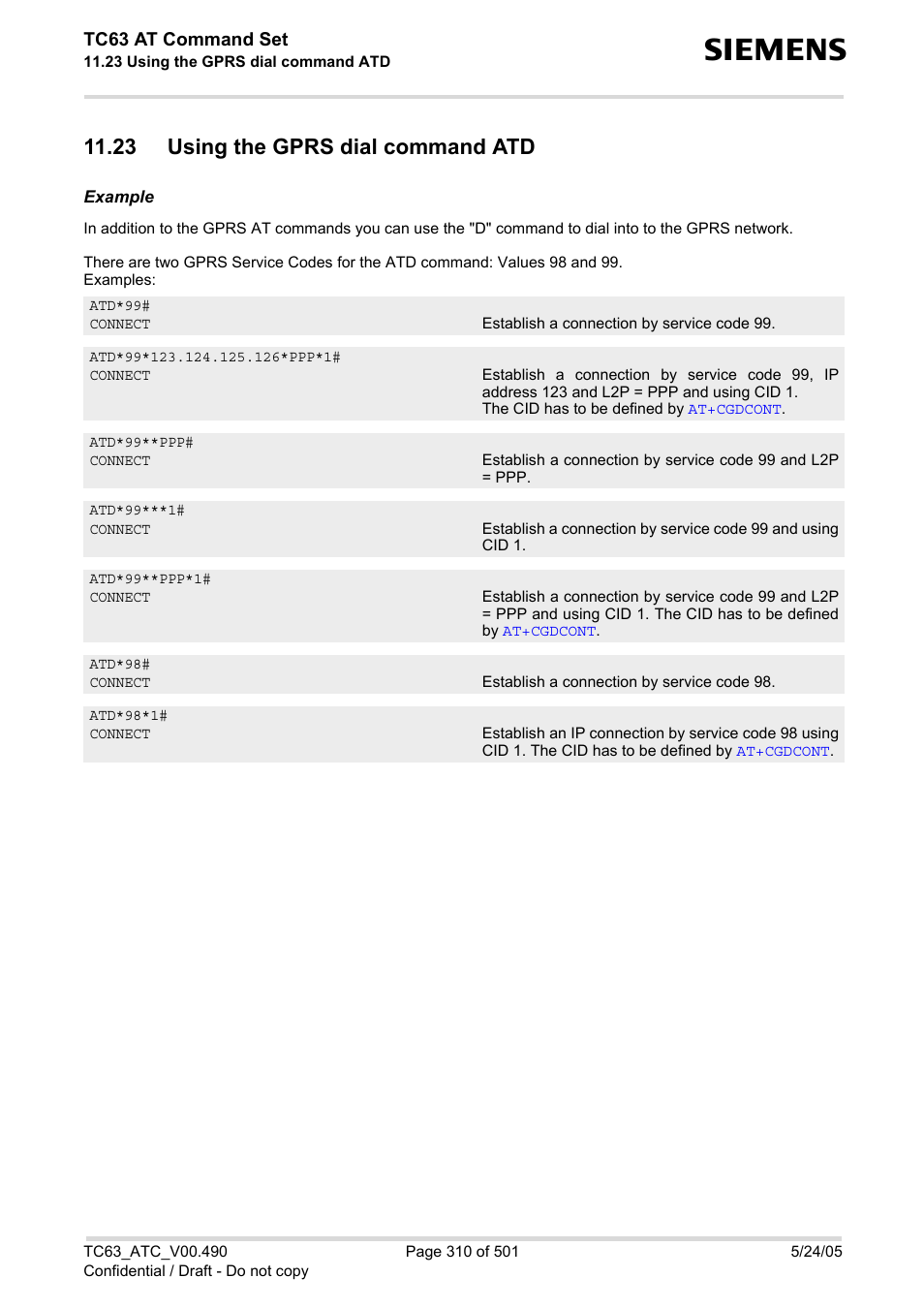 23 using the gprs dial command atd | Siemens TC63 User Manual | Page 310 / 501