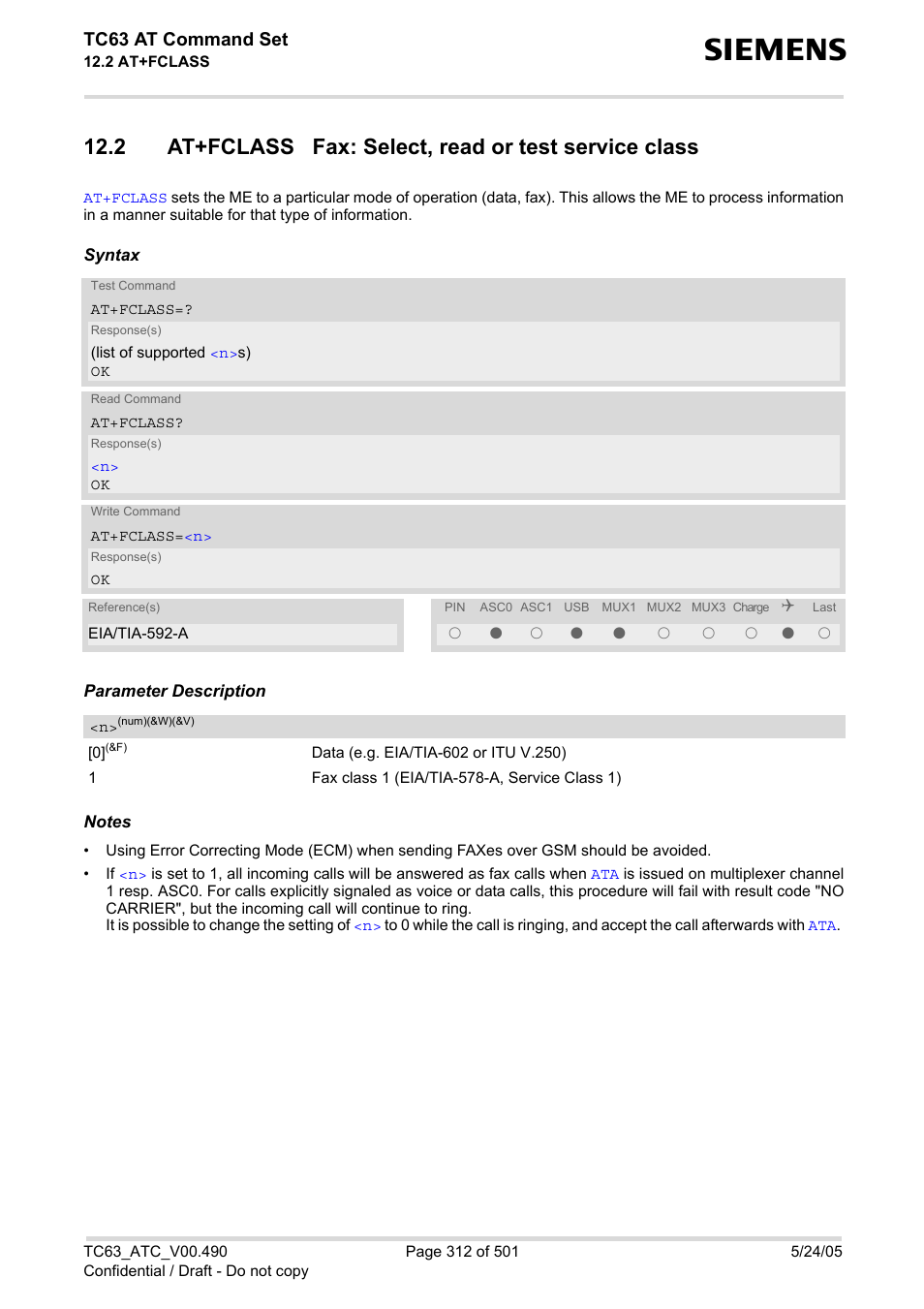 At+fclass, Tc63 at command set | Siemens TC63 User Manual | Page 312 / 501