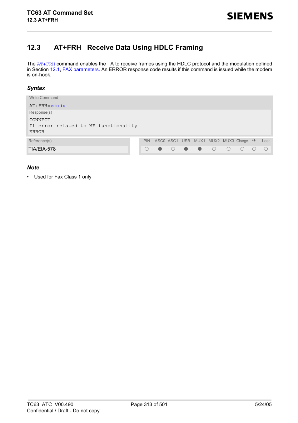 3 at+frh receive data using hdlc framing | Siemens TC63 User Manual | Page 313 / 501