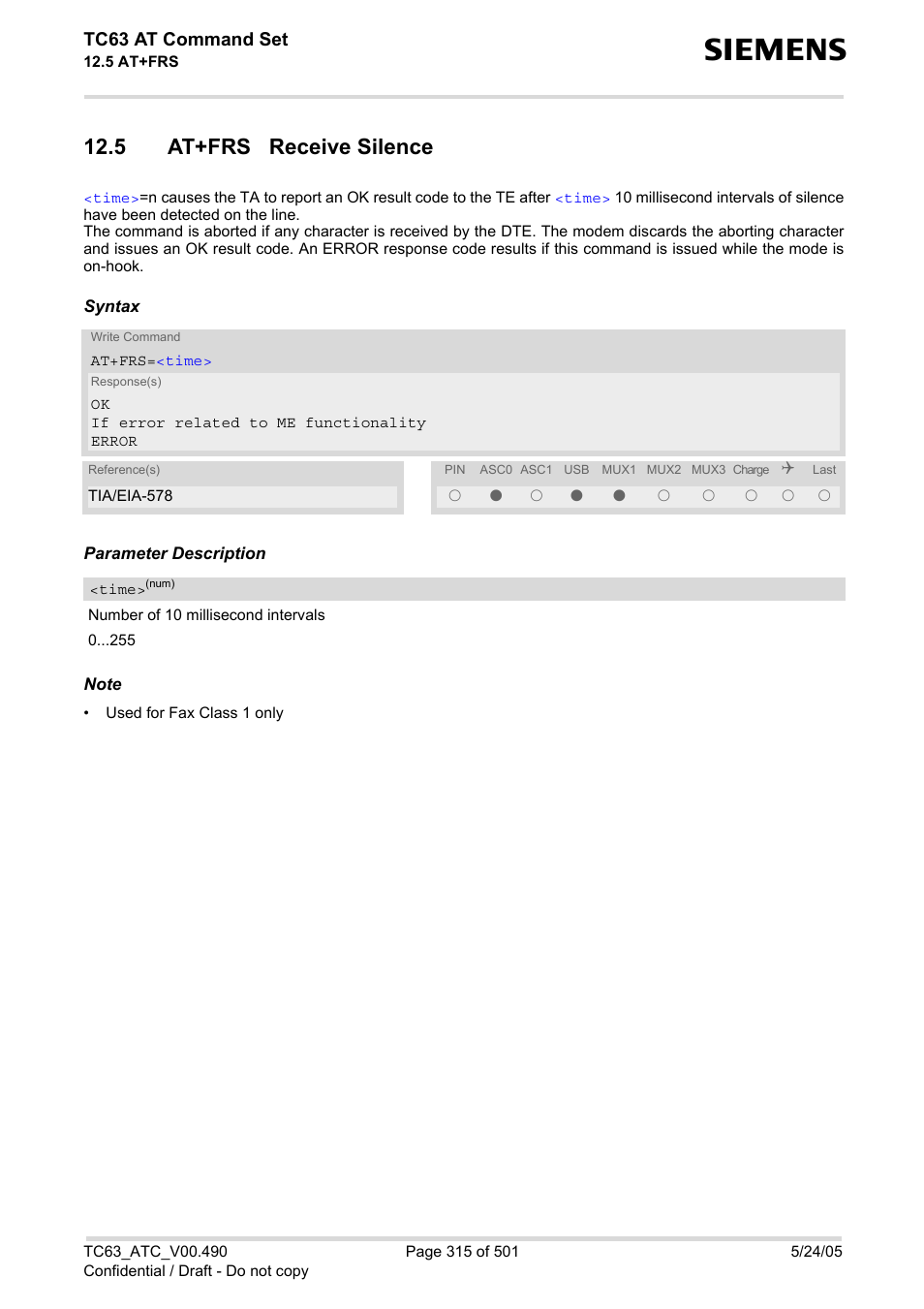 5 at+frs receive silence, Tc63 at command set | Siemens TC63 User Manual | Page 315 / 501