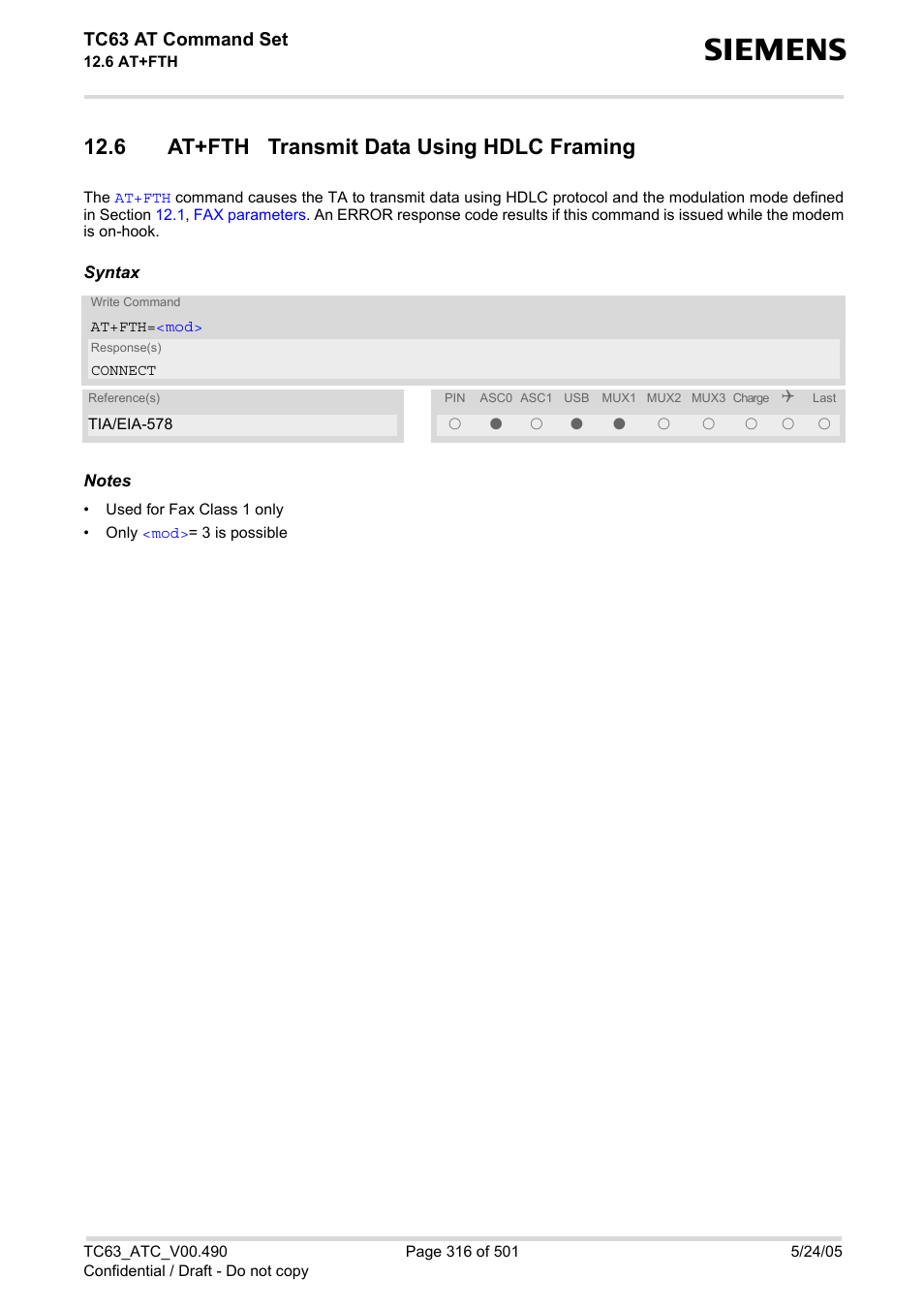 6 at+fth transmit data using hdlc framing | Siemens TC63 User Manual | Page 316 / 501