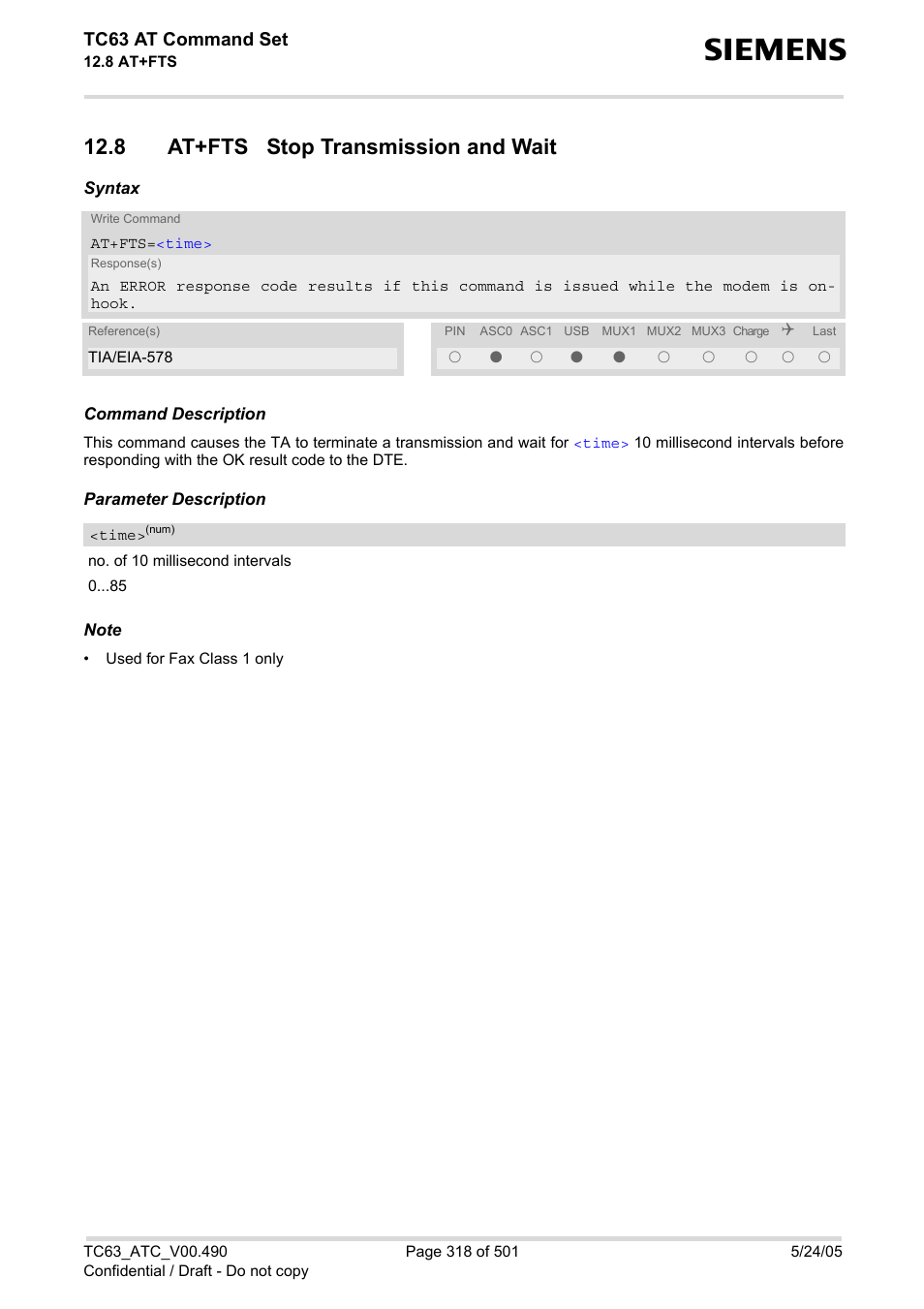 8 at+fts stop transmission and wait | Siemens TC63 User Manual | Page 318 / 501