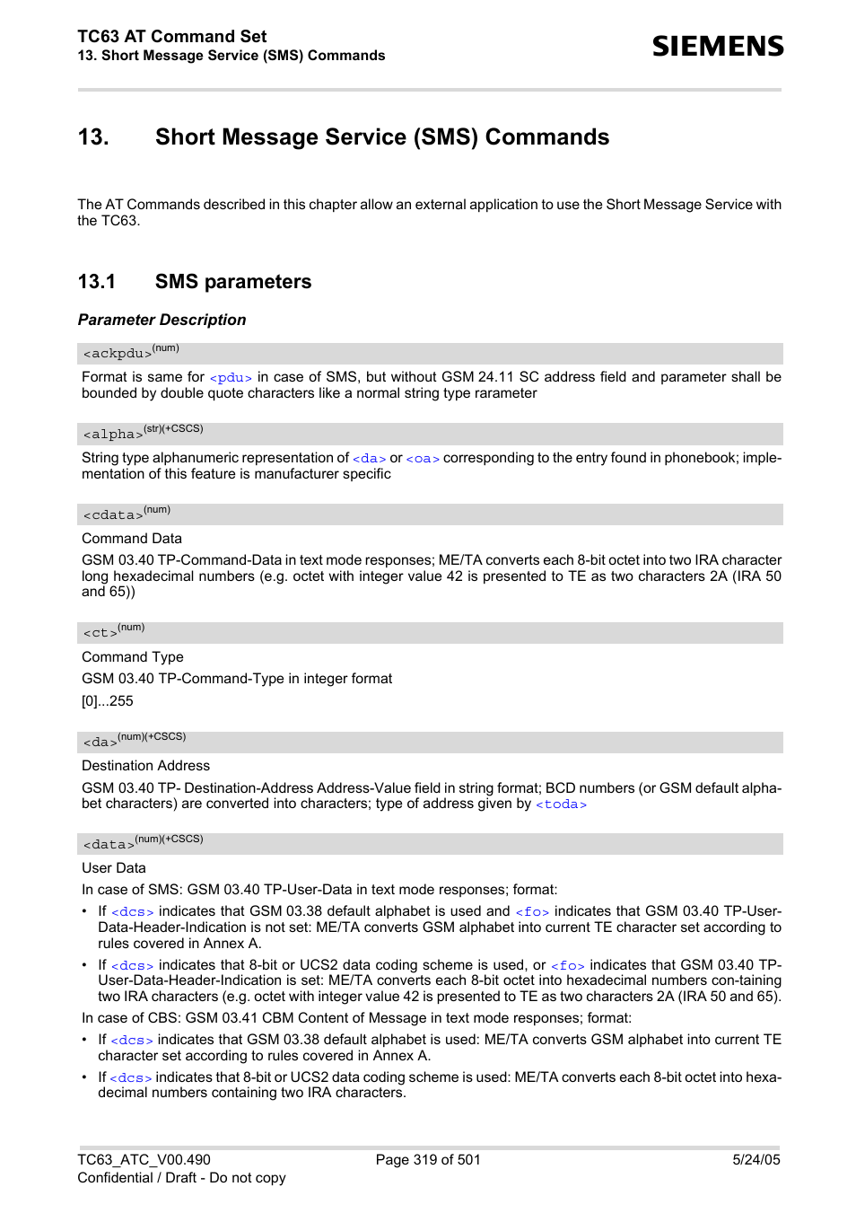 Short message service (sms) commands, 1 sms parameters, Tc63 at command set | Siemens TC63 User Manual | Page 319 / 501