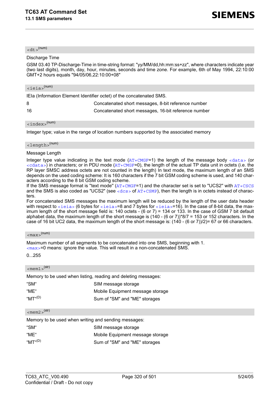 Mem1, Mem2, Tc63 at command set | Siemens TC63 User Manual | Page 320 / 501