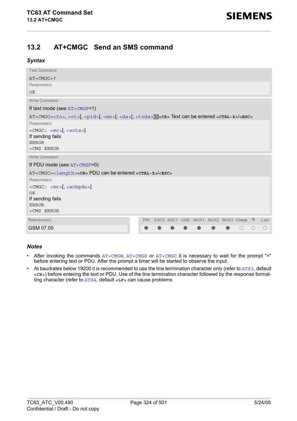 2 at+cmgc send an sms command, Tc63 at command set | Siemens TC63 User Manual | Page 324 / 501