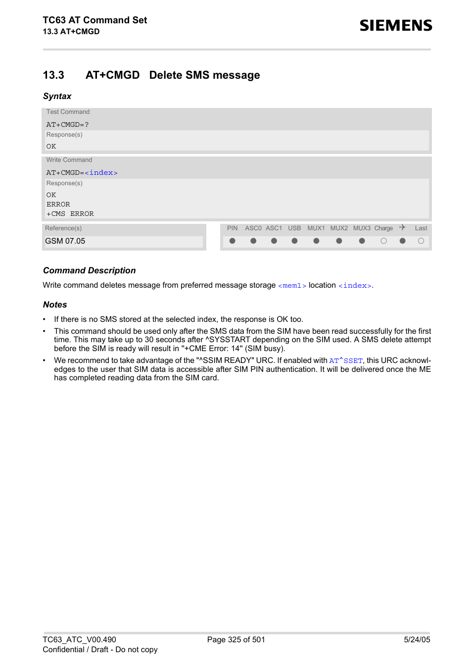 3 at+cmgd delete sms message, Tc63 at command set | Siemens TC63 User Manual | Page 325 / 501