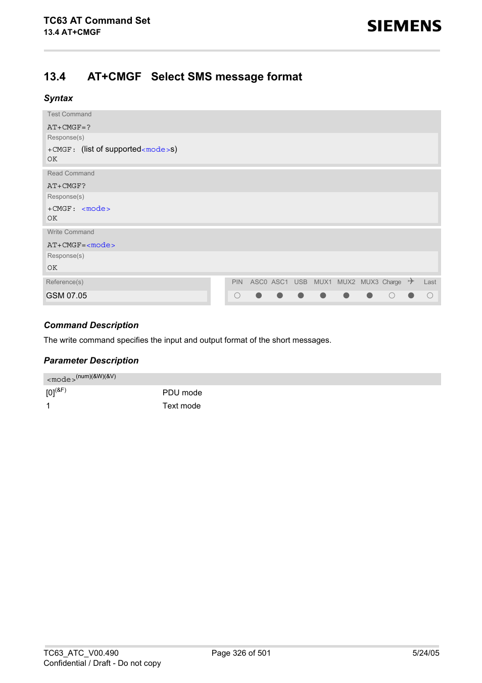 4 at+cmgf select sms message format, At+cmgf, Mode | Tc63 at command set | Siemens TC63 User Manual | Page 326 / 501