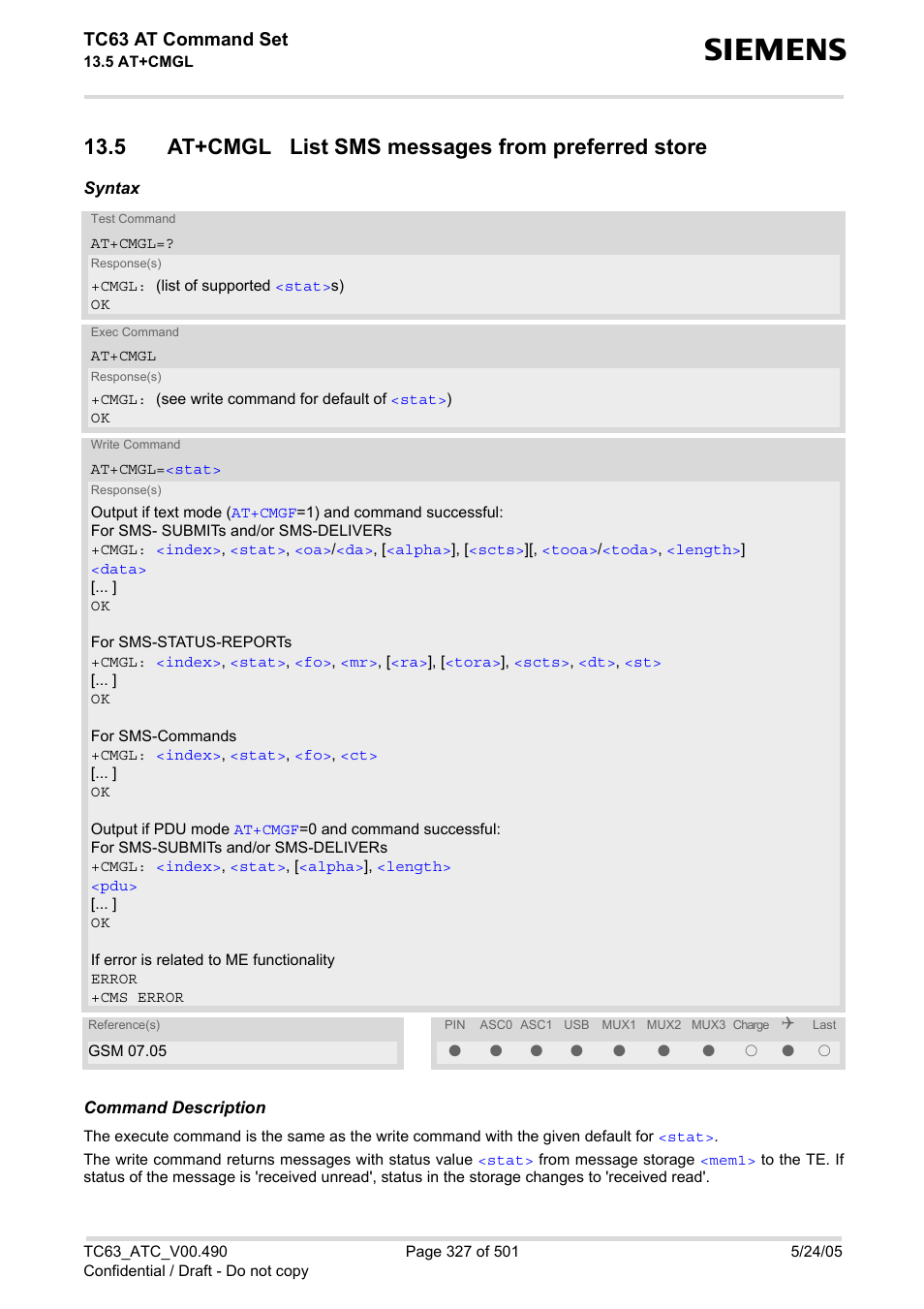 5 at+cmgl list sms messages from preferred store, Tc63 at command set | Siemens TC63 User Manual | Page 327 / 501