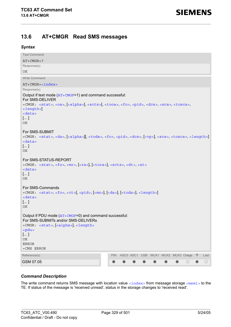 6 at+cmgr read sms messages, Tc63 at command set | Siemens TC63 User Manual | Page 329 / 501