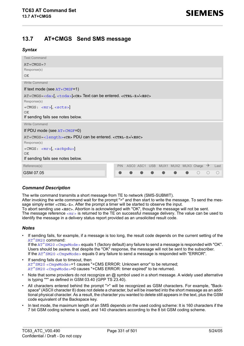 7 at+cmgs send sms message, At+cmgs, Tc63 at command set | Siemens TC63 User Manual | Page 331 / 501