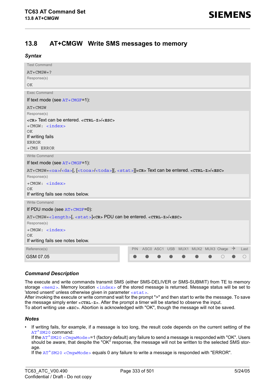 8 at+cmgw write sms messages to memory, At+cmgw, Plea | Tc63 at command set | Siemens TC63 User Manual | Page 333 / 501