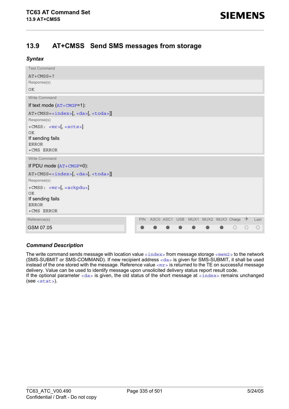 9 at+cmss send sms messages from storage, At+cmss, Tc63 at command set | Siemens TC63 User Manual | Page 335 / 501