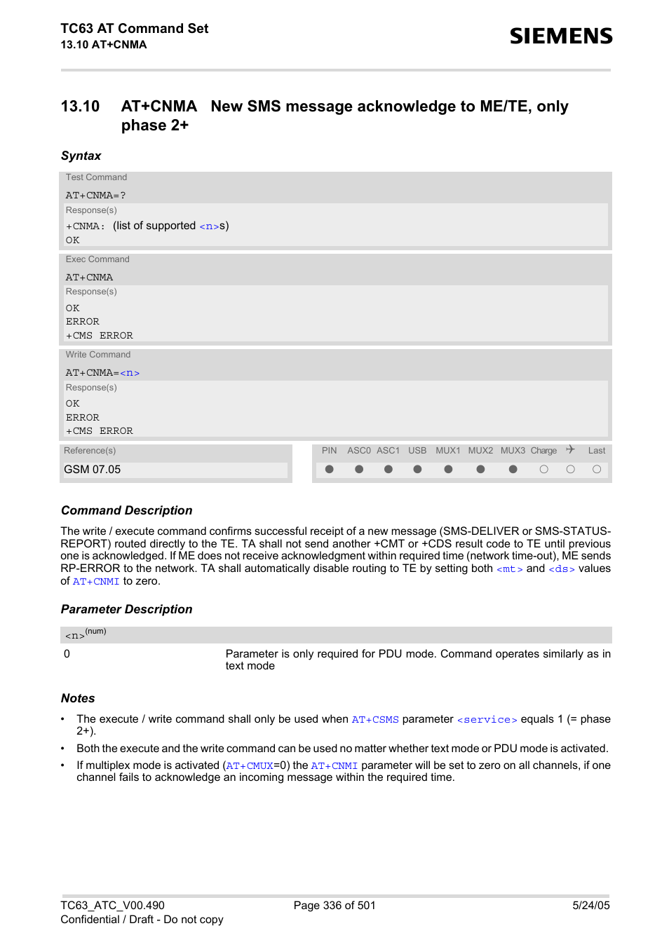 At+cnma, Tc63 at command set | Siemens TC63 User Manual | Page 336 / 501