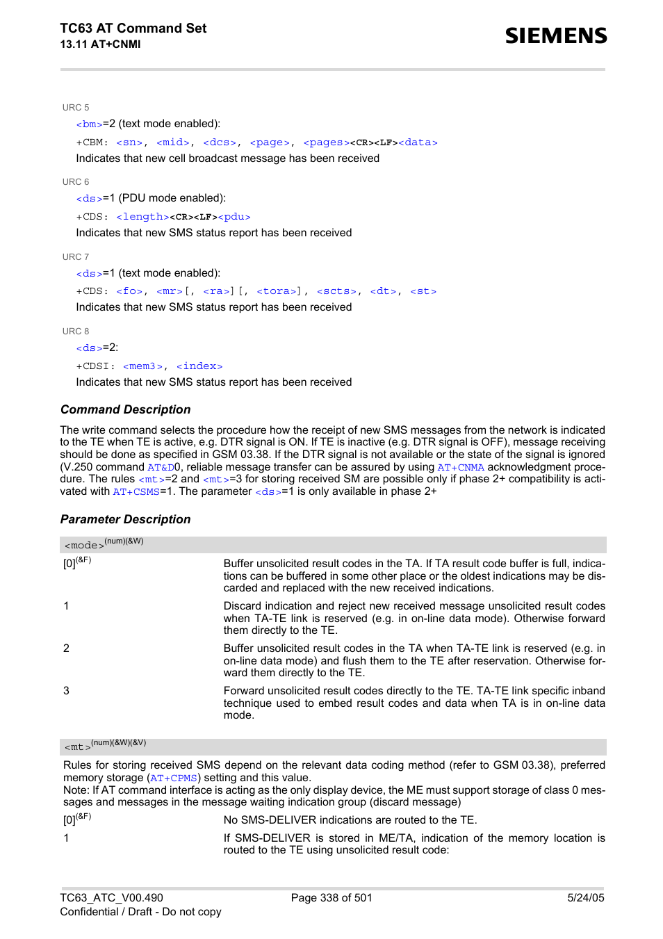 1, the, Mode, Cnmi | Tc63 at command set | Siemens TC63 User Manual | Page 338 / 501